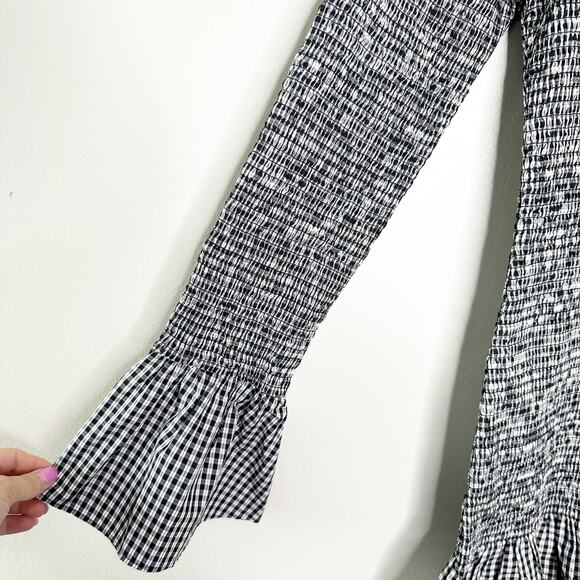 J Crew Black White Smocked Gingham Mini dress Ruffle Sleeves Small NEW - Picture 4 of 8